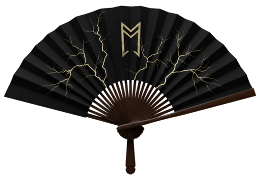 Dynamic black folding fan with lightning bolt design and minimalistic symbol