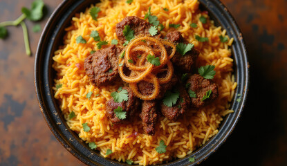 Deliciously spiced meat rice dish with crispy onion rings