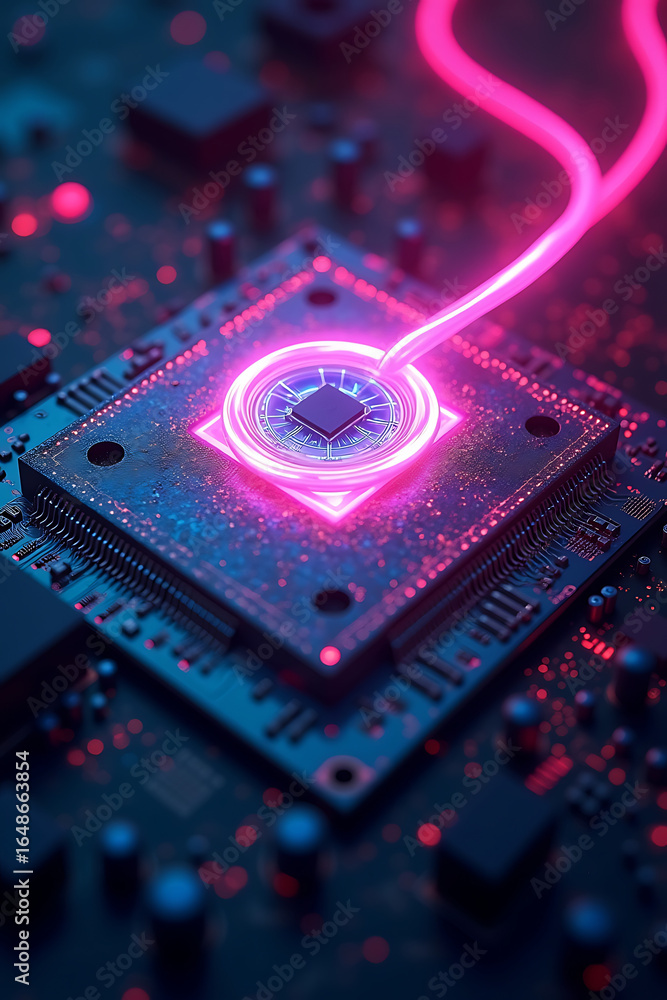 Poster glowing pink energy flows into a central processing unit, illuminating the intricate circuitry of a 