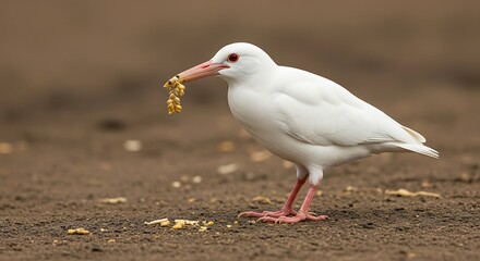 Fototapeta premium Elegant white bird with striking plumage and delicate reddish legs foraging for food on the ground