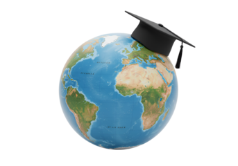 Educational globe with a mortarboard cap symbolizing global education and learning