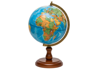 Educational globe showing detailed world map and geographic features on a stand against a black