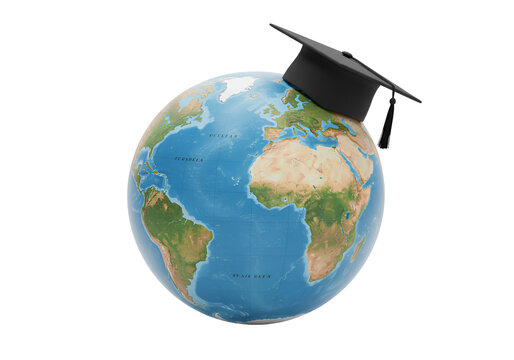 Educational globe with a mortarboard cap symbolizing global education and learning - Powered by Adobe