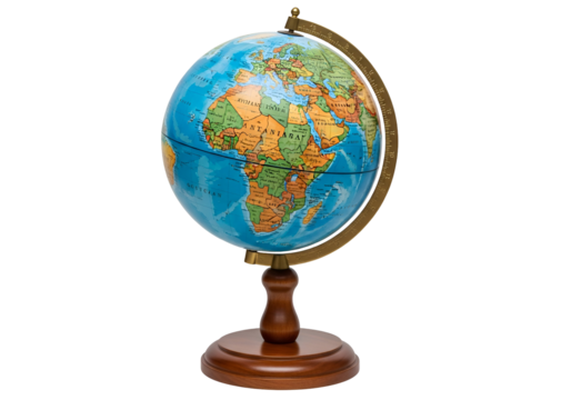 Educational globe showing detailed world map and geographic features on a stand against a black