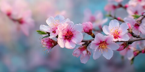 Obraz premium Stunning Almond Tree Branch in Full Bloom: Celebrate Spring with Vibrant Flowers and Warm Sunshine