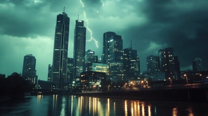 Obraz premium CCTV capturing city skyline during lightning storm, dramatic weather