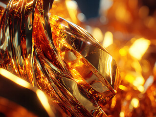 Close-up view of shimmering golden metallic ribbons intertwined, creating a vibrant abstract texture