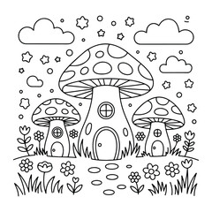 Enchanting Mushroom Scene Coloring Page – Cute & Cozy Coloring Book for Relaxation and Creativity. Easy, line art vector illustration, Coloring Pages for Kids & Adults
