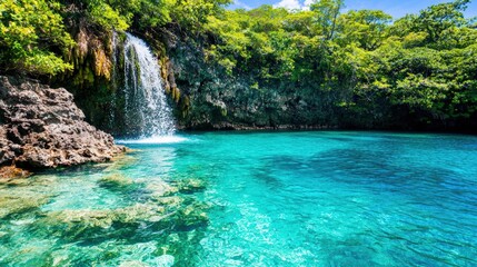 Naklejka premium Visually striking product photography, commercial poster of a colorful lake, balanced composition with ample copy space for text, advertising background, turquoise lake with a rocky cliff