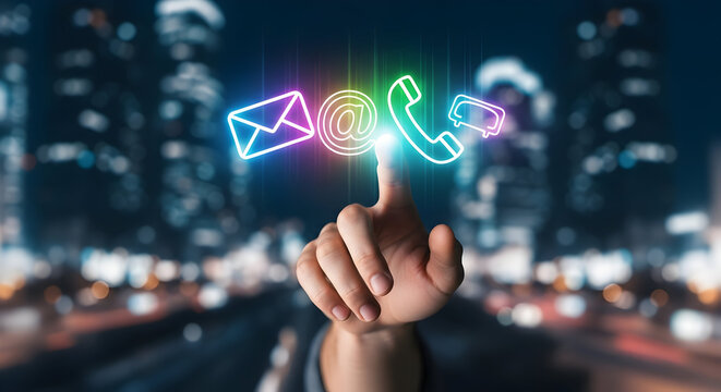 Businessman Presenting Digital Network Icons in Open Hands, Representing Social Media, - Powered by Adobe