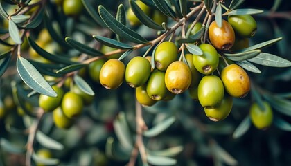 Fototapeta premium Close-up of vibrant green olives clinging to olive tree branches, Spain, harvest