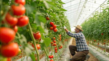 Dedicated agricultural expert inspects rows of plump, juicy tomatoes thriving under optimal conditions in a modern greenhouse, focusing on crop health and sustainable cultivation.