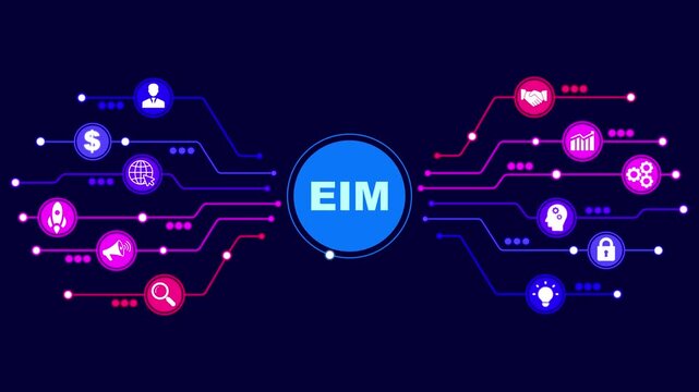 EIM Enterprise information management system. Abstract technology symbols on a blue background.