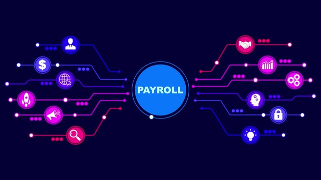 Animated payroll process illustration featuring, and business insights from large data sets ,network , business ,technology concept. technology symbols on a blue background.