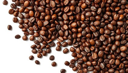 Naklejka premium Roasted coffee beans cascading down, isolated on white & black backgrounds, coffee, spill
