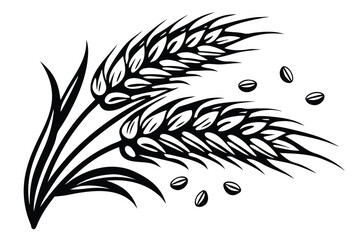 Black Wheat Ears and Grains on White Background, Simple Elegant Isolated Art