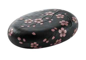Elegant black stone with delicate pink cherry blossoms engravings for artistic jewelry or decor