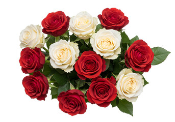 Naklejka premium Elegant bouquet of red and white roses with lush green leaves for romantic occasions