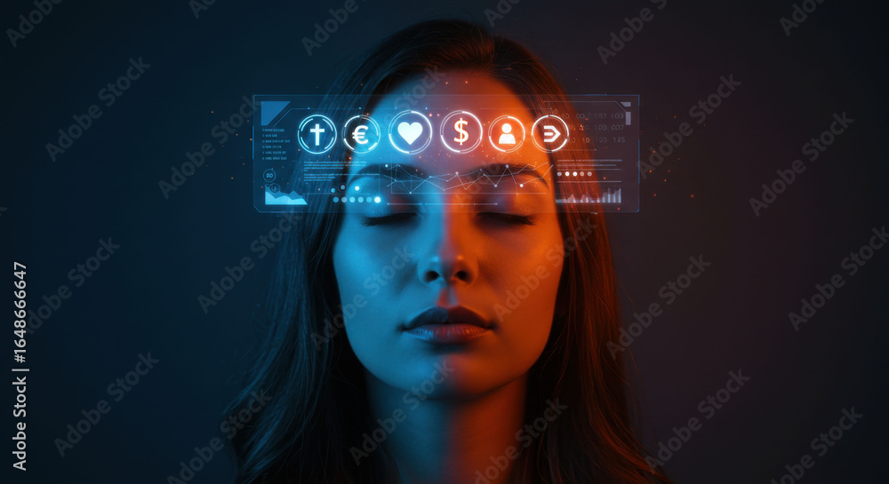 Aufkleber woman with closed eyes and digital holographic display. human mind concept showing abstract data vis