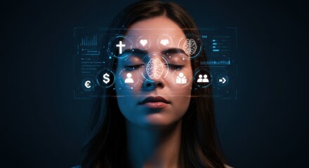 Woman with closed eyes and holographic mind map. Concept of spiritual well-being, financial planning, social interactions, and mental health.