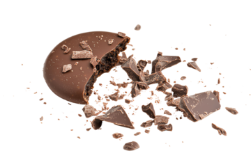 Broken chocolate pieces scattered on a white background.