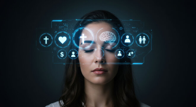 Woman with closed eyes and digital holographic icons showing concepts like religion, money, and personal relationships. Futuristic display of human values.