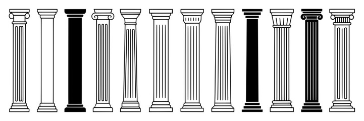12 Classic Column Styles: Black and White Outline Illustrations of Architectural Columns