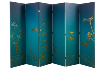 Elegant folded blue screen with gold botanical design for home decor or stage backdrop
