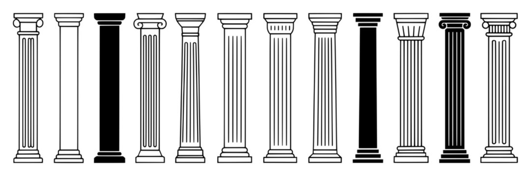 12 Classic Column Styles: Black and White Outline Illustrations of Architectural Columns