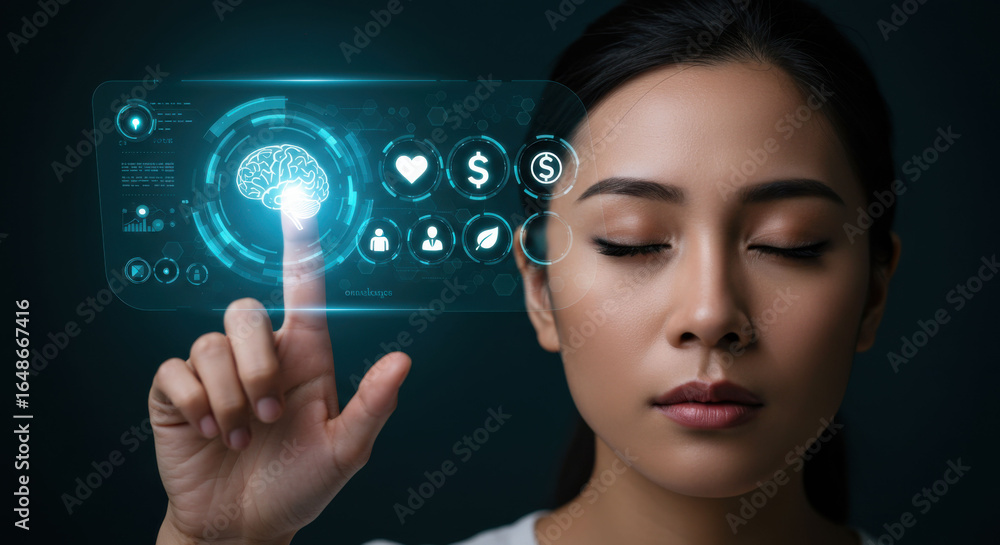 Poster asian woman touching virtual screen with brain icon. cognitive development and artificial intelligen