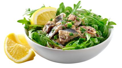 Delicious salad with fresh greens, fish, and lemon slices, showcasing healthy eating on a white background.