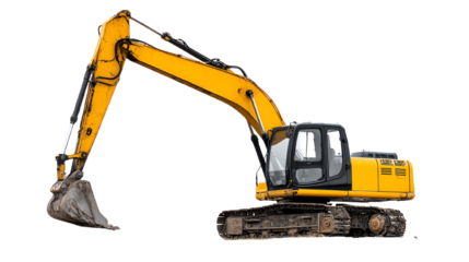 Excavator on a white isolated background, showcasing heavy machinery used in construction for digging and excavation.