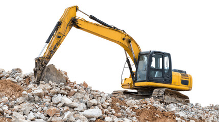 Excavator working on a rocky construction site, showcasing heavy machinery in action.