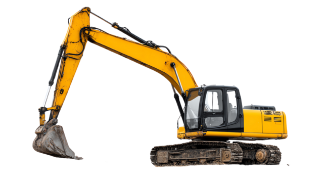 Excavator on a white isolated background, showcasing heavy machinery used in construction for digging and excavation.