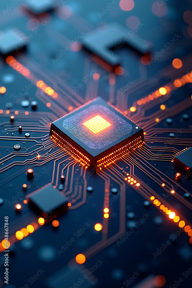 Poster close-up view of a glowing microprocessor chip on a complex circuit board.