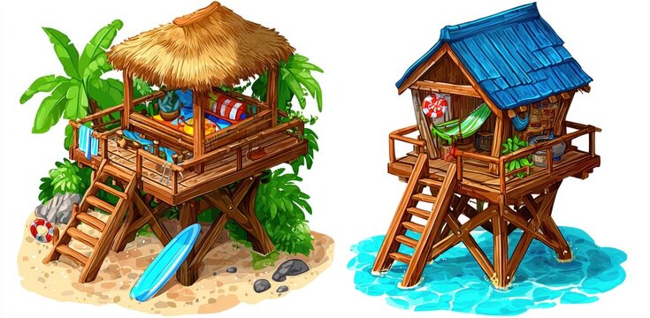 Two wooden beach huts on stilts, with thatched roofs and blue roofs, sit on the beach and in the water. Beach, surf, and tropical themed - Powered by Adobe