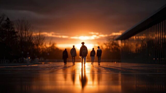 Under the sunset, pedestrians are heading for a bright future