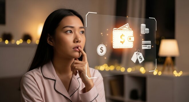 A woman in pajamas contemplates finances with a futuristic holographic display of cash, wallet, and credit card icons. Thoughtful financial planning and management digitally visualized for money - Powered by Adobe
