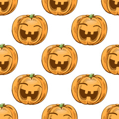 Hand drawn vintage seamless pattern of funny jack o lantern halloween pumpkins with green stem on white background