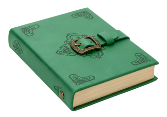 Elegant green leather-bound journal with intricate embossed designs and a decorative buckle