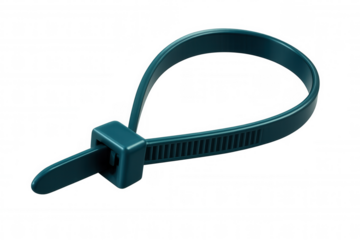 Close-up of a green cable tie isolated on a transparent background, showcasing its locking mechanism and ready-to-use design