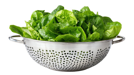 Fresh green lettuce in a stainless steel colander, ideal for healthy meal preparation.