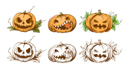 Hand drawn vintage set of halloween pumpkins in color and monochrome with funny faces and green leaves
