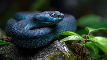 Obraz premium Venomous blue viper coiled on rock in rainforest