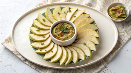 Healthy pear slices arranged around hummus dip appetizer