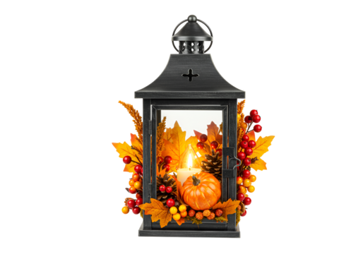 Elegant lantern centerpiece decorated with autumnal pumpkins leaves and berries for fall seasonal