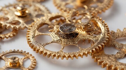 Obraz premium Golden gears interlock on a white background