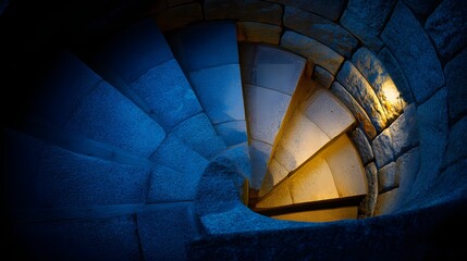 Obraz premium Spiral staircase of stone, lit by a soft light.