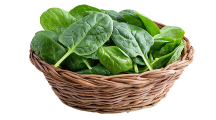 Fresh spinach leaves in a woven basket, showcasing vibrant green color and healthy freshness.
