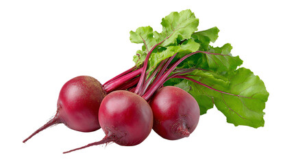 Freshly harvested beetroots with green leaves, isolated on a white background, showcasing vibrant colors and natural textures.